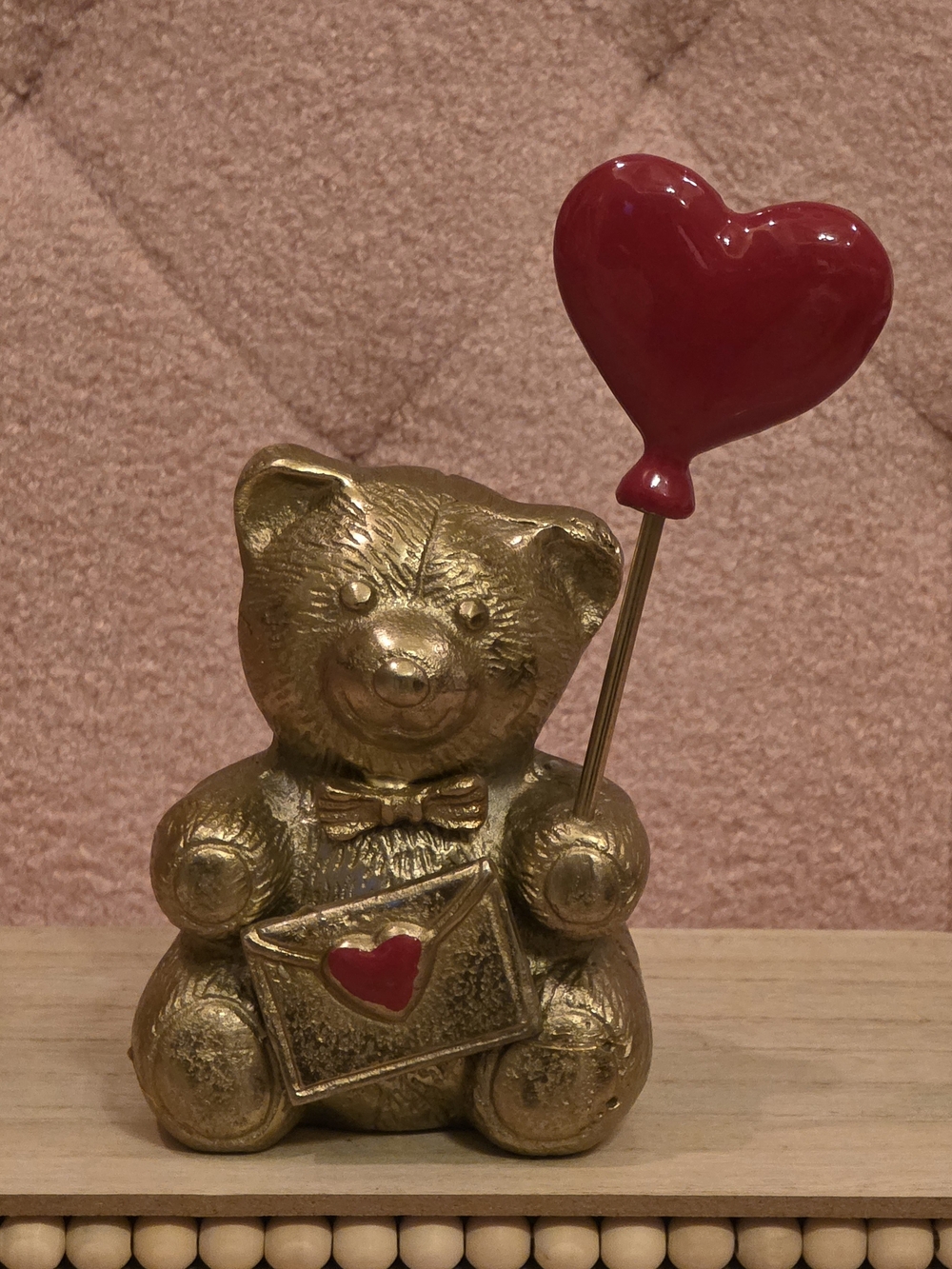 Gold Teddy Bear Figurine with Red Heart Balloon